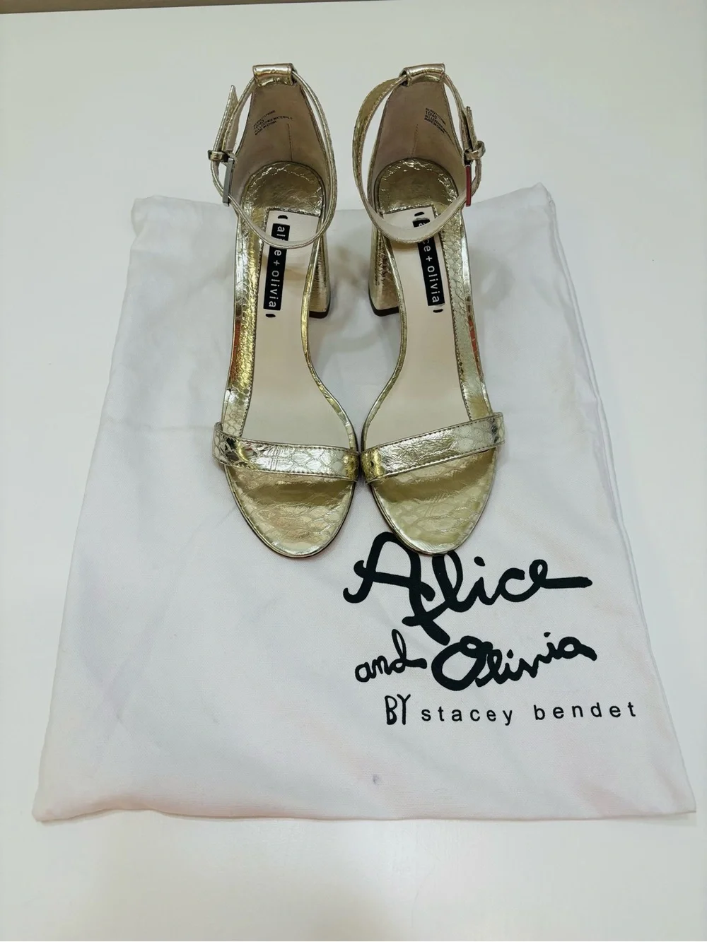 🌟 Alice + Olivia Gold Snake-Embossed Ankle Strap Sandals - NWT